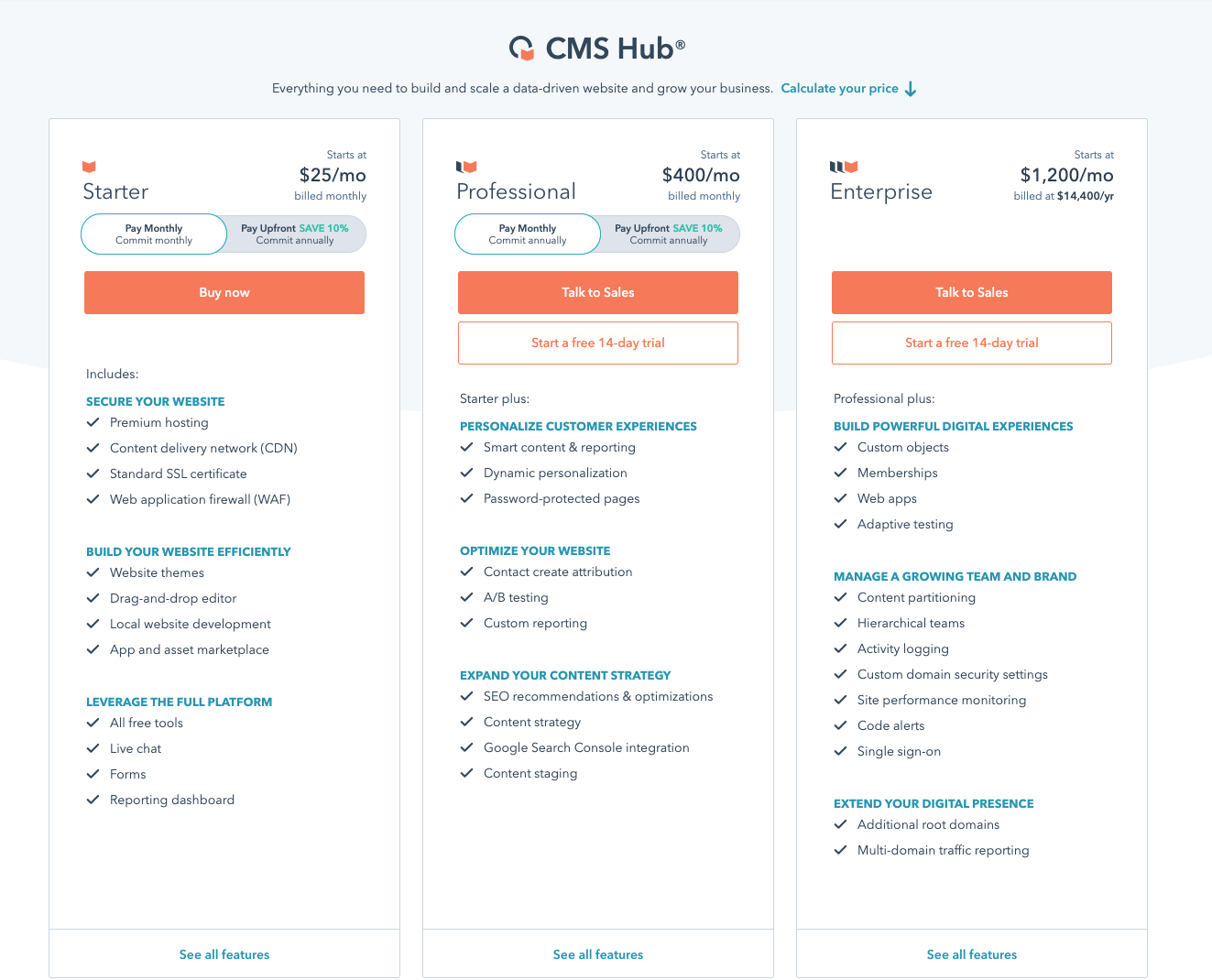 CMS Hub Price Page