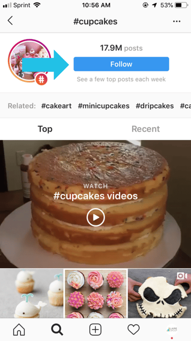 Follow button on #cupcakes Instagram hashtag