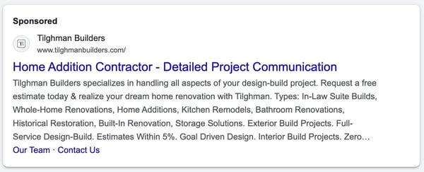 Tilghman Builders PPC Ad Example