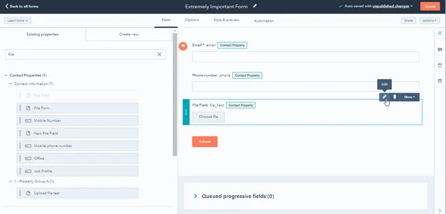 Hubspot Screenshot highlighting file field