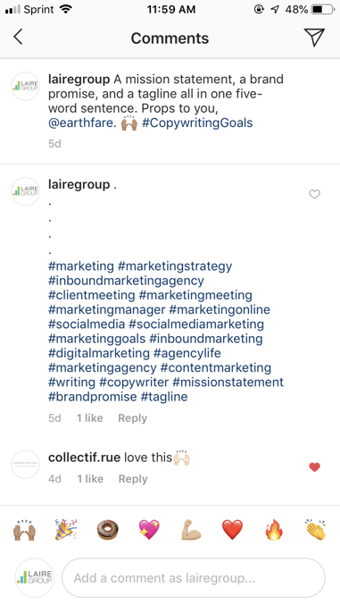 Instagram hashtags in Laire Group post