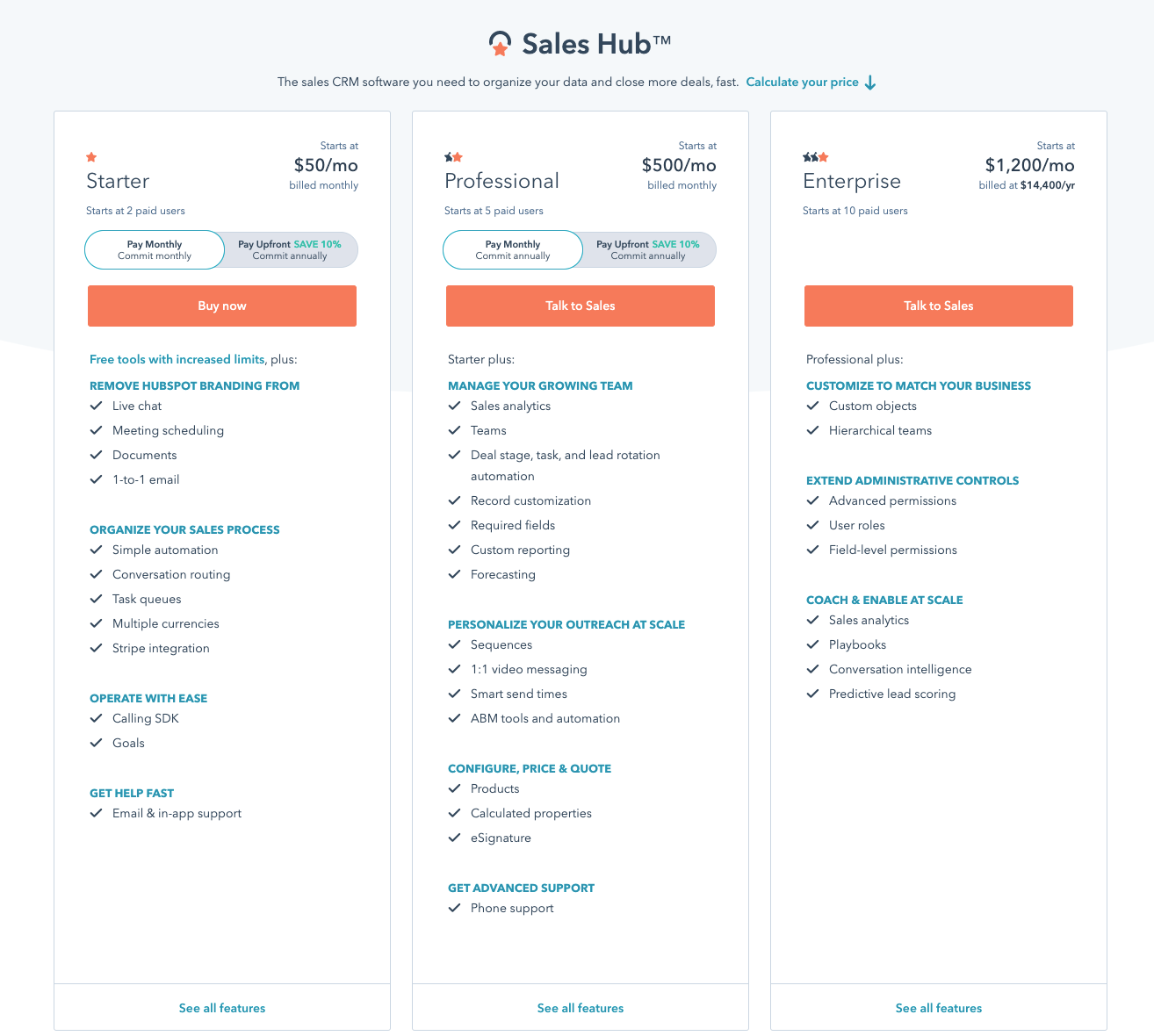 Sales Hub Price Page