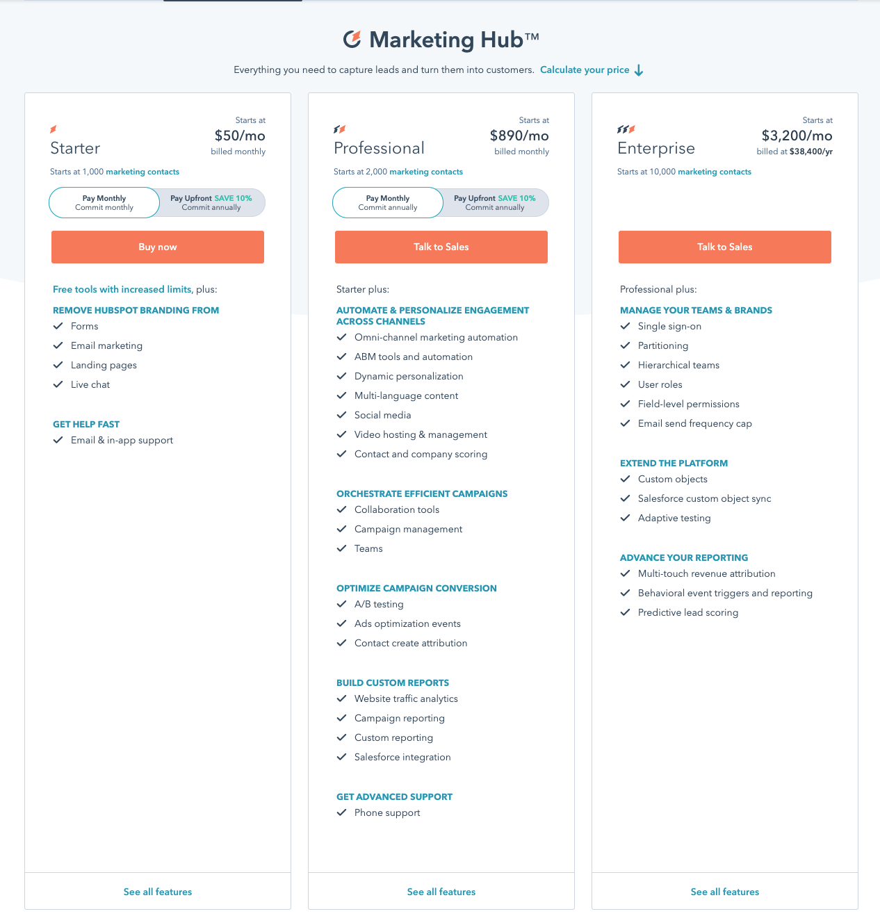 HubSpot Marketing Hub Pricing Page